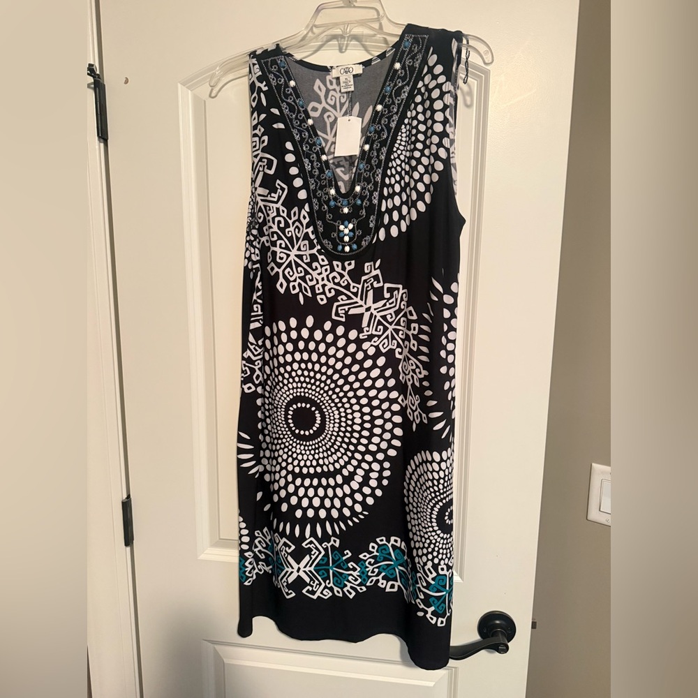 Cato Black & White Embellished V-Neck Tunic with Blue Beading